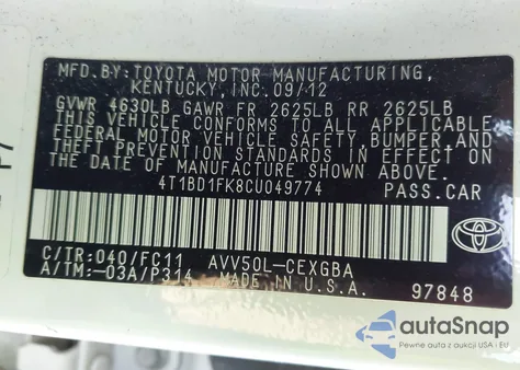 2012 Toyota Camry Hybrid Xle from USA, damaged, VIN 4T1BD1FK8CU049774